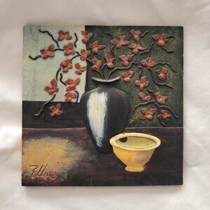 Decorative 3D Tile Signed "Ellen" Asian Inspired Floral Sculptural Wall Art